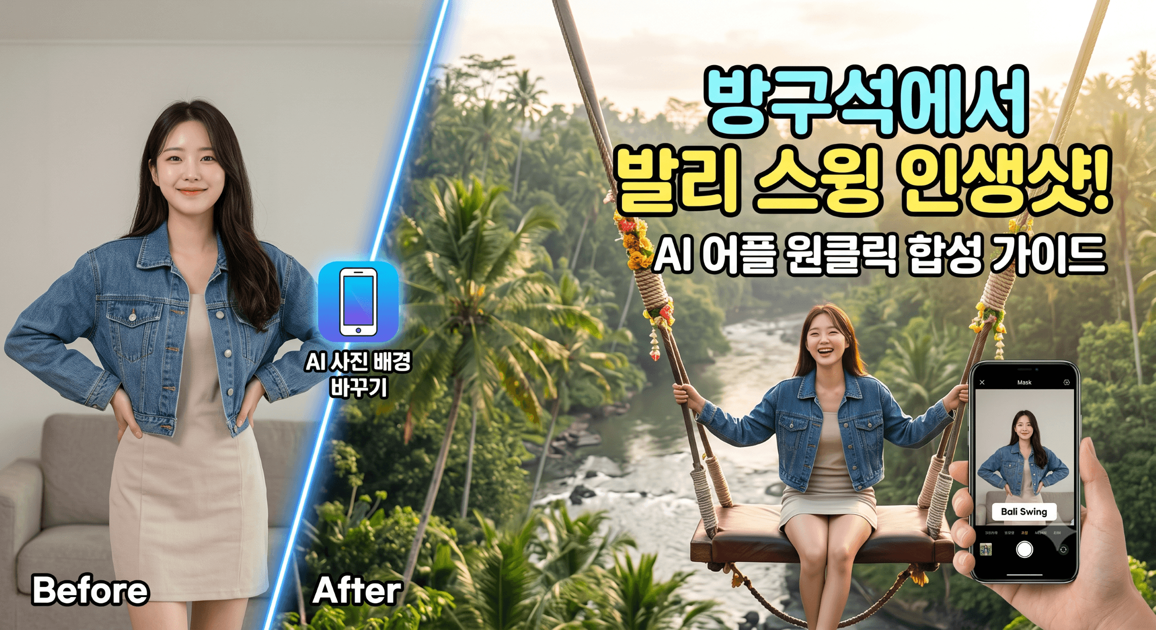 AI 사진 배경 바꾸기 어플을 이용해 평범한 실내 배경을 동남아 발리 우붓의 정글 그네 명소로 합성하는 전후 비교 대표 이미지. '방구석에서 발리 스윙 인생샷!'이라는 한글 텍스트와 스마트폰 UI가 포함됨.