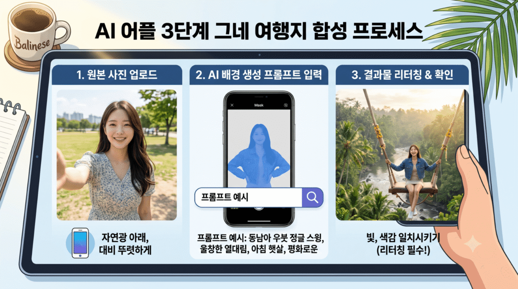AI 사진 합성 어플을 사용해 동남아 그네 여행지 배경을 만드는 3단계 프로세스 인포그래픽. '원본 사진 업로드', 'AI 배경 생성 프롬프트 입력', '결과물 리터칭 & 확인' 단계별 한글 설명과 스마트폰 화면 예시가 포함됨