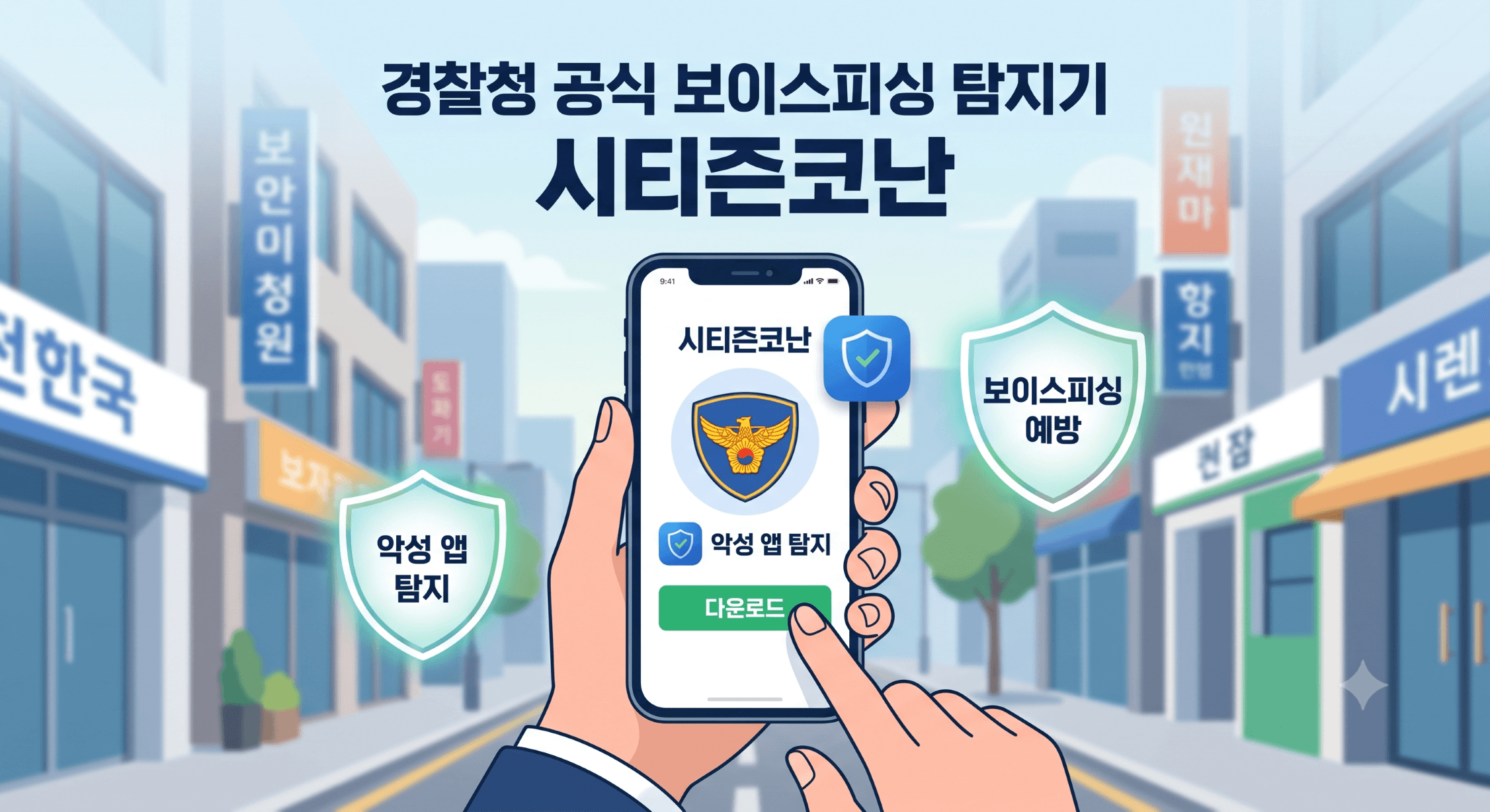대한민국의 현대적인 도시 거리를 배경으로 한 일러스트 그래픽. 손에 들린 최신 스마트폰 화면에 '시티즌코난' 앱 인터페이스가 보이며, '다운로드' 버튼이 눌러지고 있습니다. 화면에는 '경찰청 공식 보이스피싱 탐지기 시티즌코난'이라는 한글 텍스트와 함께 '악성 앱 탐지' 및 '보이스피싱 예방'을 나타내는 방패 아이콘이 빛나고 있습니다. 파란색과 녹색의 신뢰감을 주는 색상 조합으로 디자인되었습니다.