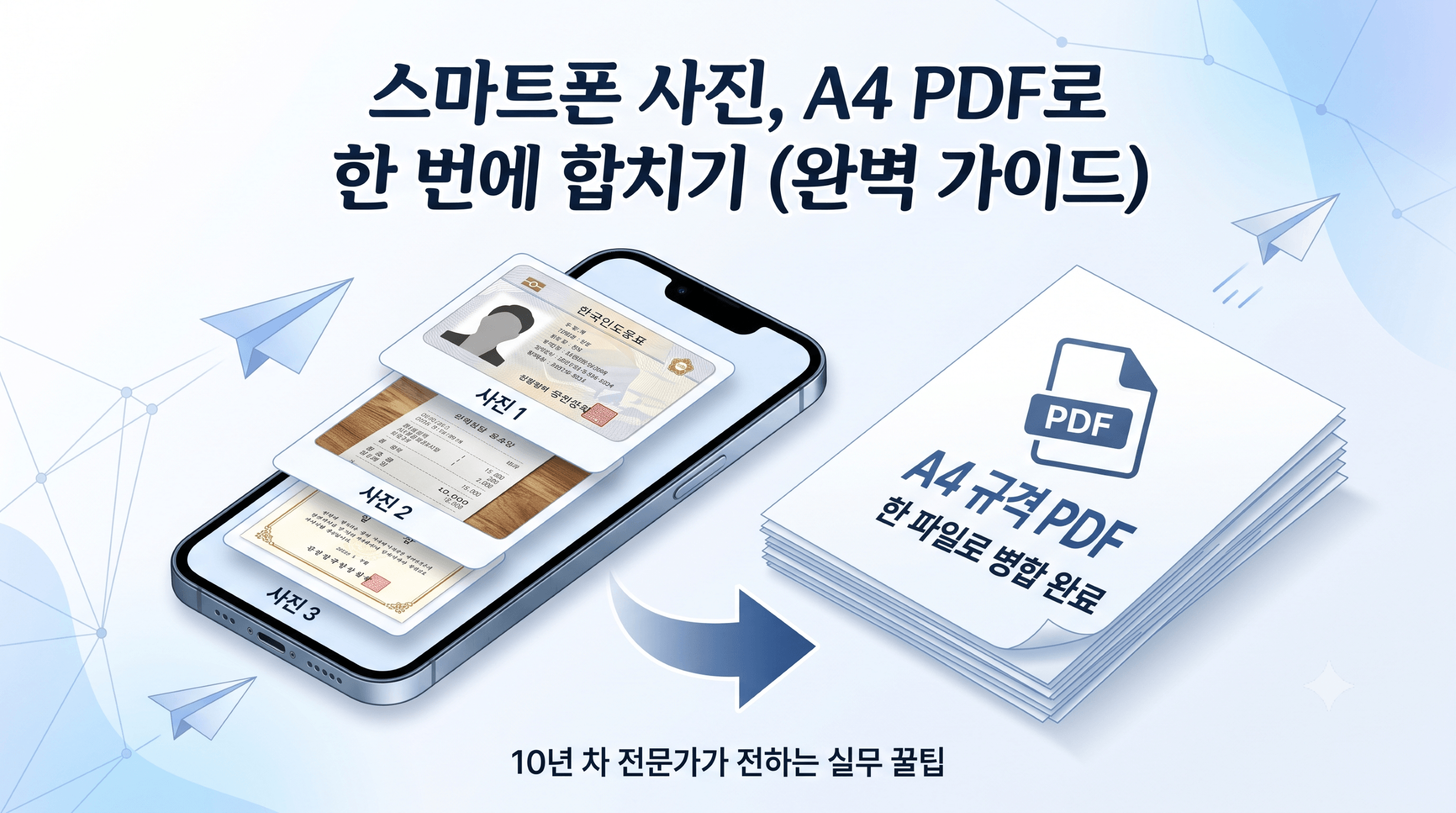 스마트폰 화면 속 여러 장의 사진(신분증, 영수증, 증명서 등)이 화살표를 따라 하나의 A4 PDF 문서 아이콘으로 변환되어 병합되는 과정을 보여주는 깨끗한 그래픽 이미지. 한국어 제목 '스마트폰 사진, A4 PDF로 한 번에 합치기 (완벽 가이드)'가 포함되어 있다.