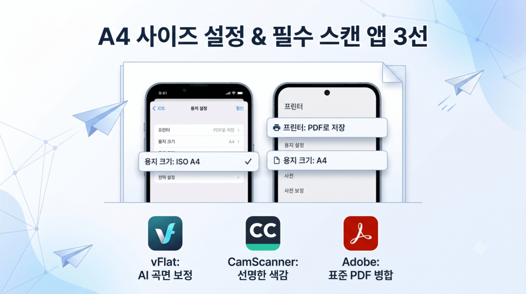 A4 규격 모양 프레임 안에 아이폰과 갤럭시폰의 A4 사이즈 설정 화면을 나란히 비교하여 보여주고, 그 아래로 vFlat, CamScanner, Adobe Acrobat 앱 아이콘과 각 앱의 한국어 특징(곡면 보정, 선명한 색감, 표준 병합)을 설명하는 정보 그래픽 이미지. 한국어 제목 'A4 사이즈 설정 & 필수 스캔 앱 3선'이 포함되어 있다.