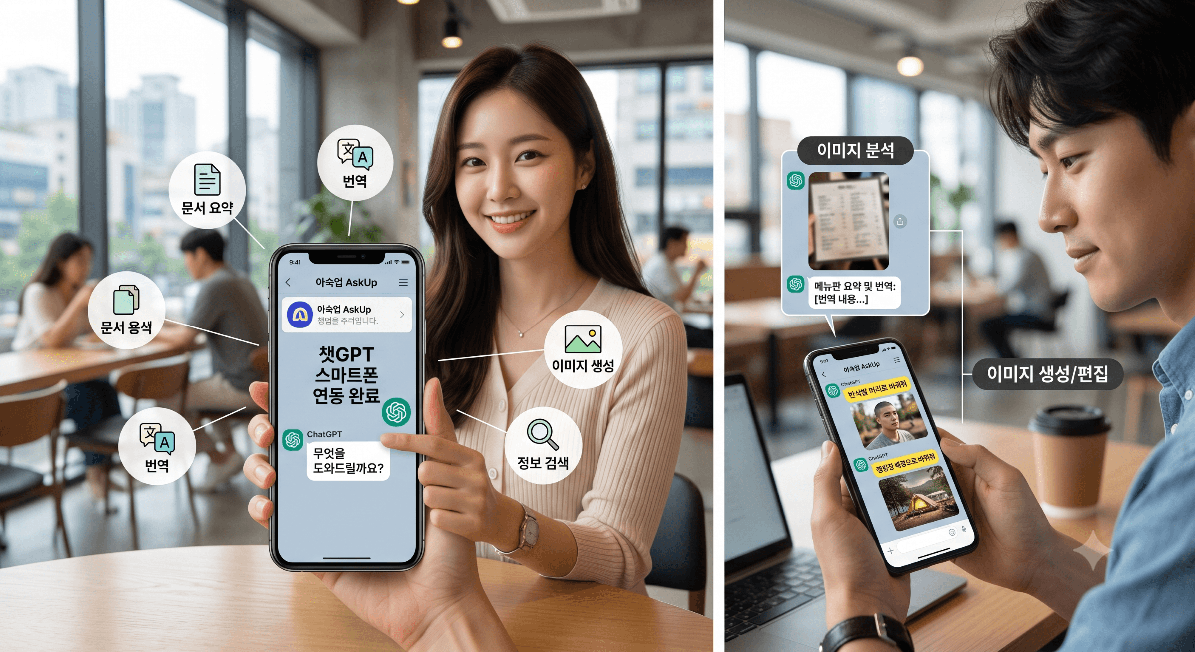한국 여성의 손에 들린 스마트폰 화면에 카카오톡 아숙업(AskUp) 채널 추가 완료 및 챗GPT 스마트폰 연동 완료를 알리는 한글 텍스트와 주변에 번역, 요약, 이미지 생성, 정보 검색 등 주요 기능을 시각화한 아이콘이 떠 있는 고품질 사진. 한국의 카페 배경.