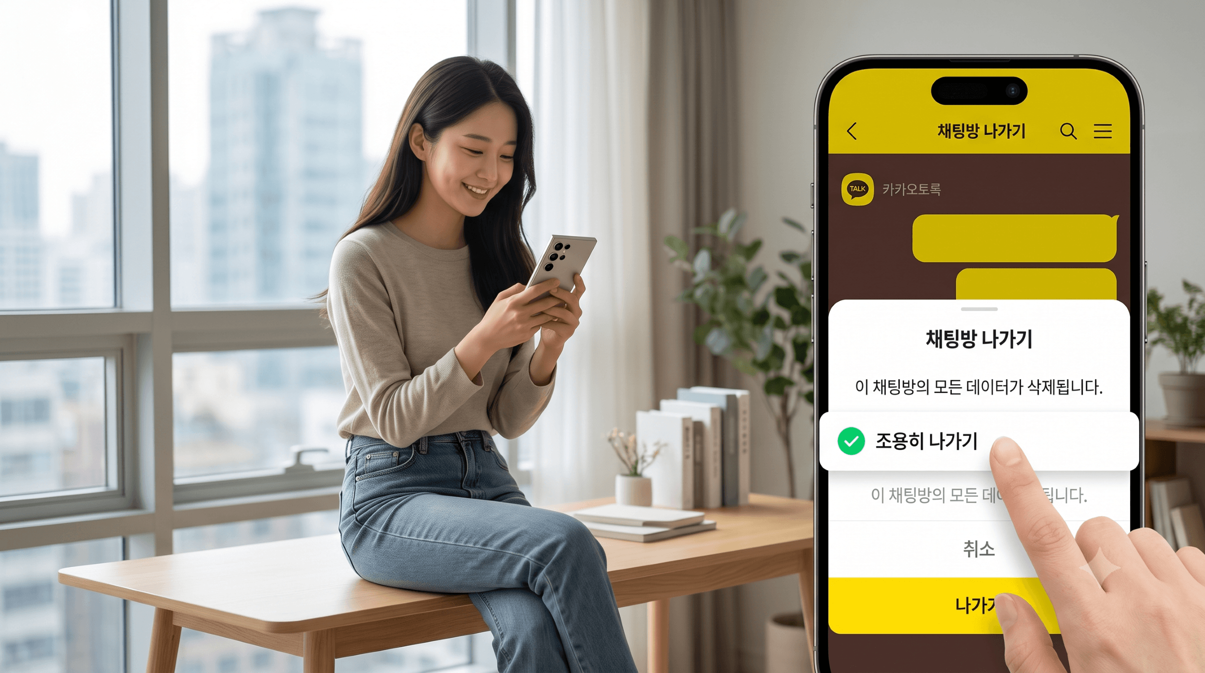 대한민국 서울의 현대적인 아파트 거실에서 한 젊은 여성이 스마트폰을 보며 미소 짓고 있다. 그녀의 스마트폰 화면에는 카카오톡의 '채팅방 나가기' 팝업창이 떠 있으며, '조용히 나가기' 옵션이 체크 표시되어 있다. 그녀의 손가락은 체크 표시된 부분을 가리키고 있으며, 안도하는 표정이다. 배경은 부드럽게 흐려져 있다.