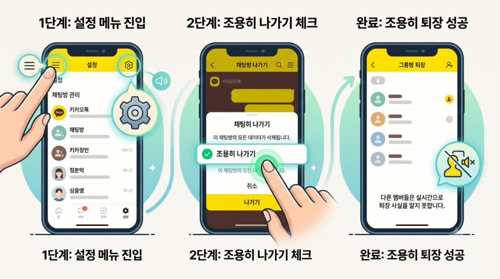 카카오톡에서 '조용히 나가기' 기능을 사용하는 단계를 설명하는 3단계 인포그래픽. 1단계: '설정 메뉴 진입'에서는 스마트폰 화면의 설정 아이콘을 누르는 모습을, 2단계: '조용히 나가기 체크'에서는 팝업창의 '조용히 나가기' 항목 옆의 체크박스가 파란색으로 활성화되는 모습을, 3단계: '완료: 실시간 알림 없이 퇴장'에서는 채팅방 인원수가 줄어들고 다른 멤버들에게 알림이 가지 않음을 시각적으로 보여준다. 전체적으로 깨끗한 디지털 일러스트 스타일이다.