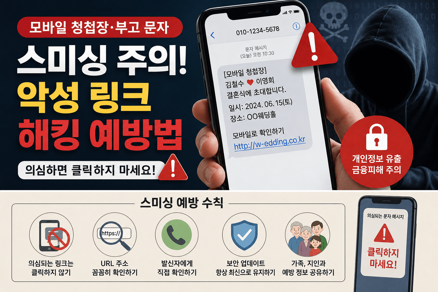 모바일 청첩장과 부고 문자 스미싱 주의 안내 이미지로 악성 링크 클릭 시 개인정보 유출과 금융 피해를 예방하는 방법을 설명하는 보안 인포그래픽