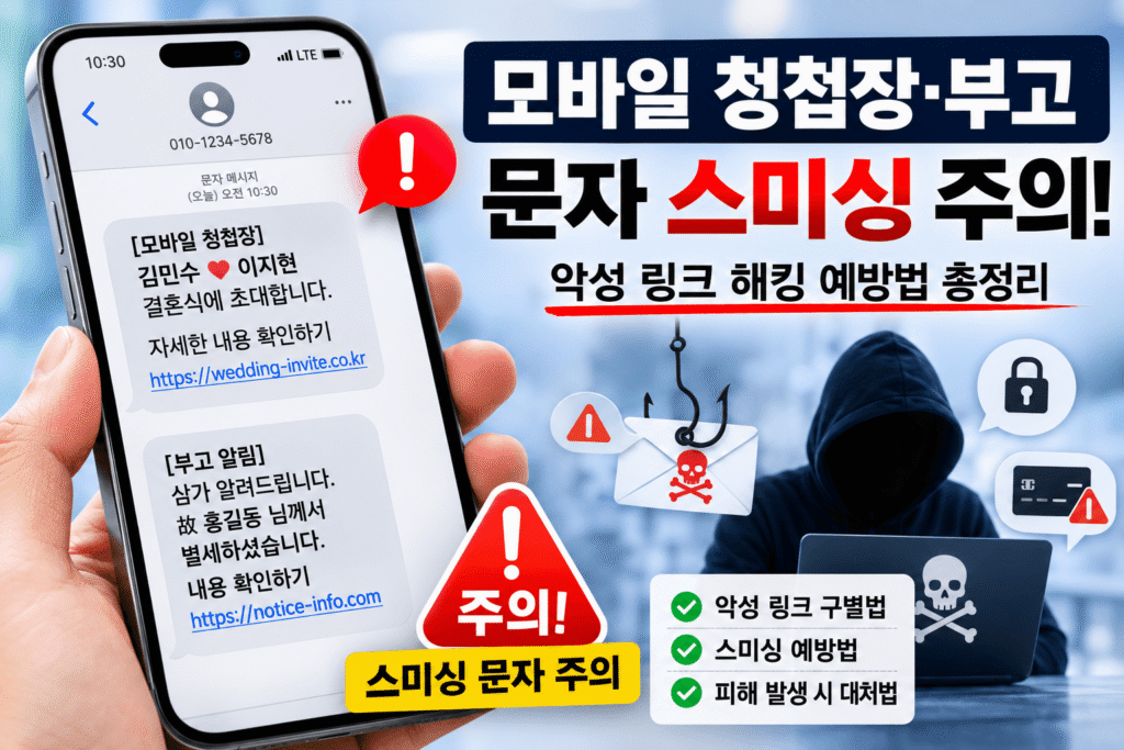 모바일 청첩장과 부고 문자 스미싱 예방법을 소개하는 이미지로 의심스러운 링크 확인 방법과 스마트폰 해킹 예방 수칙을 안내하는 인포그래픽