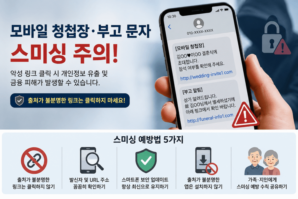 모바일 청첩장과 부고 문자 스미싱 예방법을 소개하는 이미지로 의심스러운 링크 확인 방법과 스마트폰 해킹 예방 수칙을 안내하는 인포그래픽