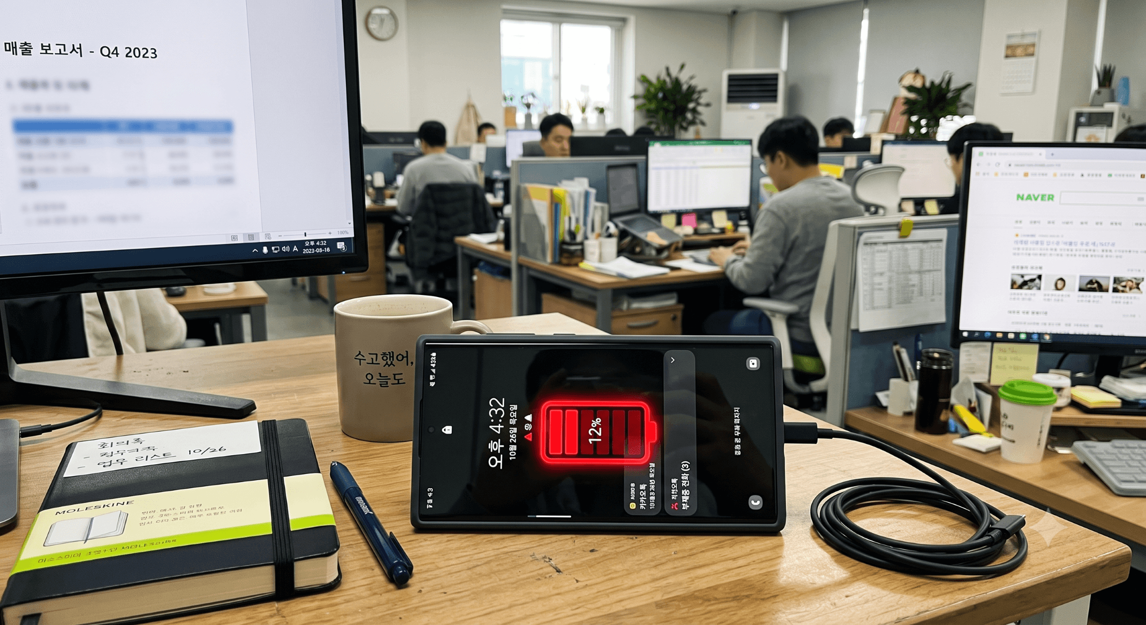 한국 사무실 책상 위에 놓인, 빨간색 배터리 부족 경고가 켜진 최신 스마트폰의 모습