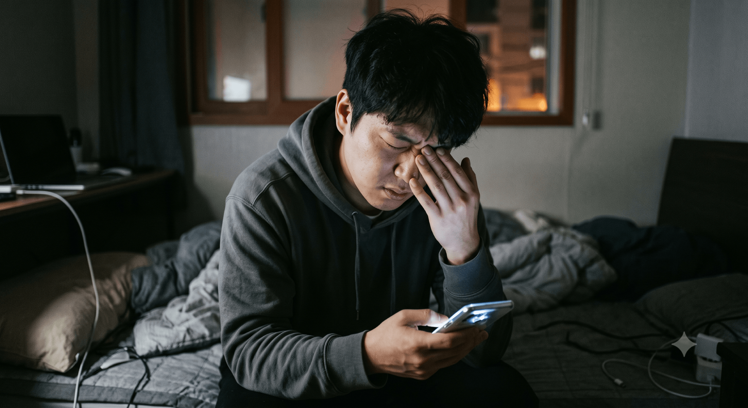 어두운 방 안에서 스마트폰을 보며 피곤한 눈을 비비고 있는 한국인의 모습